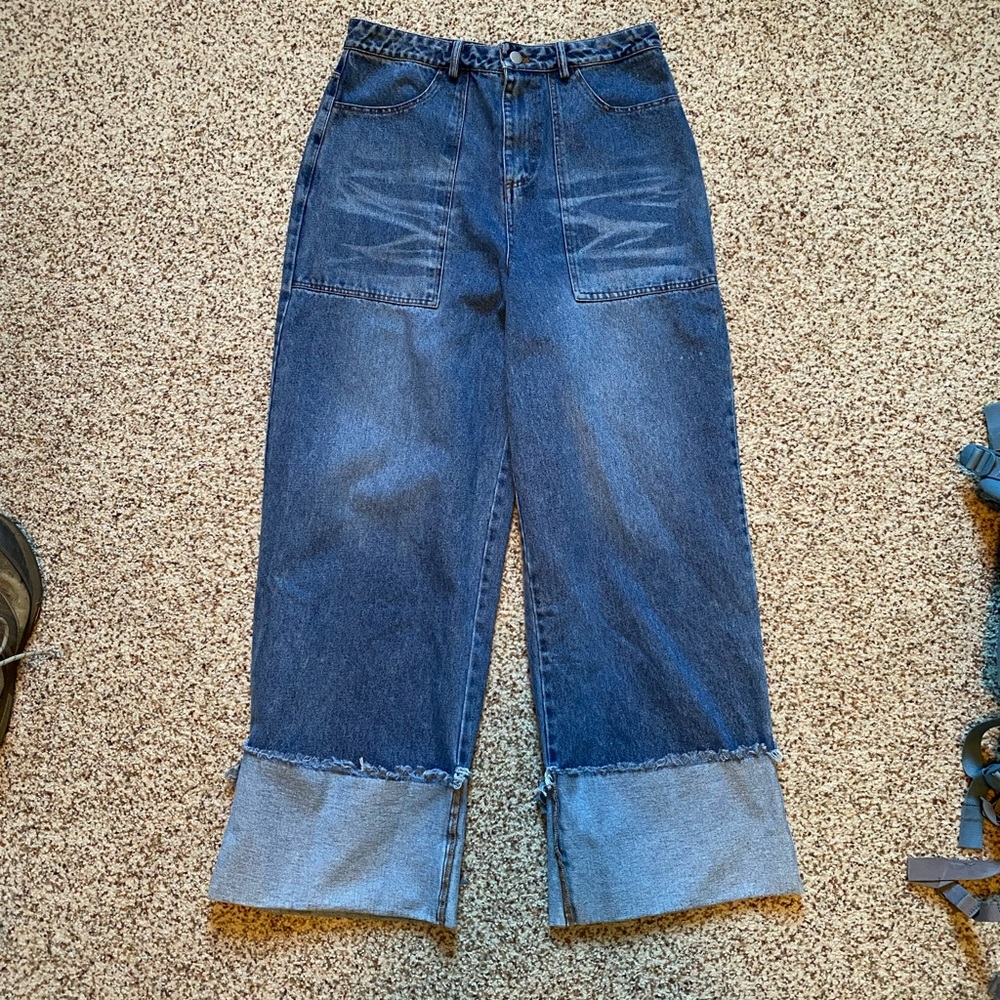 LE LIS High-Waisted Wide Leg Frayed Cuffed  Jeans Women’s Size Large